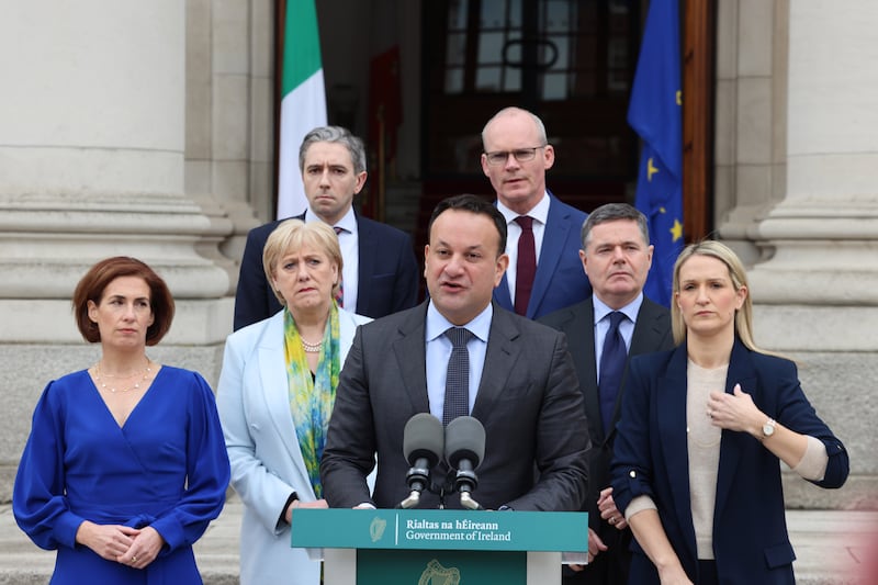 Flanked by his cabinet and party colleagues,  Leo Varadkar stands down as taoiseach and FG party leader. Photograph: Dara Mac Dónaill 