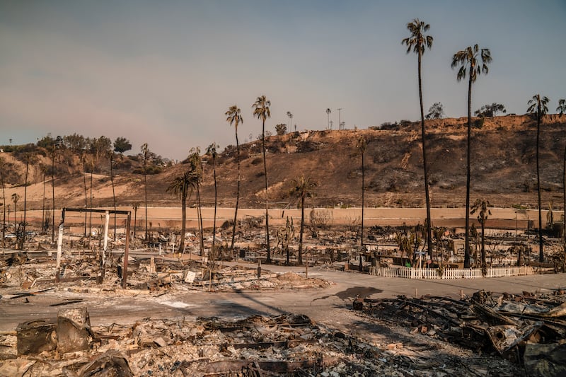 The remains of the Pacific Palisades Bowl Mobile Estates, which was burned by the Palisades fire, in the Pacific Palisades neighborhood of Los Angeles. Photograph: Ariana Drehsler/New York Times