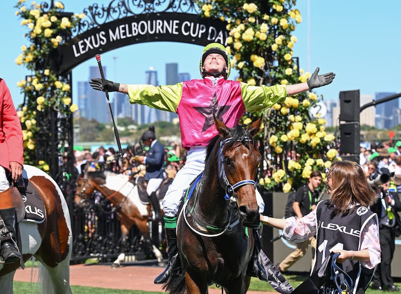 Robbie Dolan celebrates his Melbourne Cup win aboard Knight's Choice. Photograph: Vince Caligiuri/Getty Images