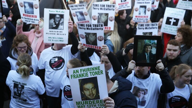 Survivors, victims and relatives of those killed in Troubles-related incidents take part in the Time for Truth campaign’s march in Belfast. Photograph: Brian Lawless/PA Wire