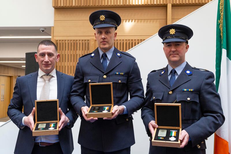 Det Garda Niall Minnock, Garda Conor Garland and Sgt Andrew O'Connor were awarded silver Scott medals. Photograph: Colin Keegan/Collins Dublin