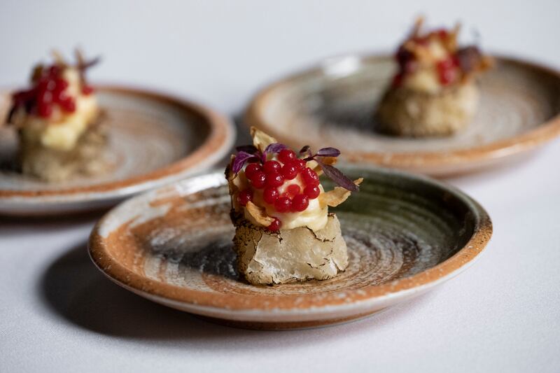 Ballylisk Triple Rose, balsamic caviar and pan de cristal. Photograph: Paul Sherwood