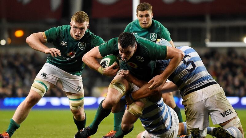 Ireland’s James Ryan makes a trademark surge in possession against Argentina at the Aviva Stadium. Photograph: Clodagh Kilcoyne/Reuters