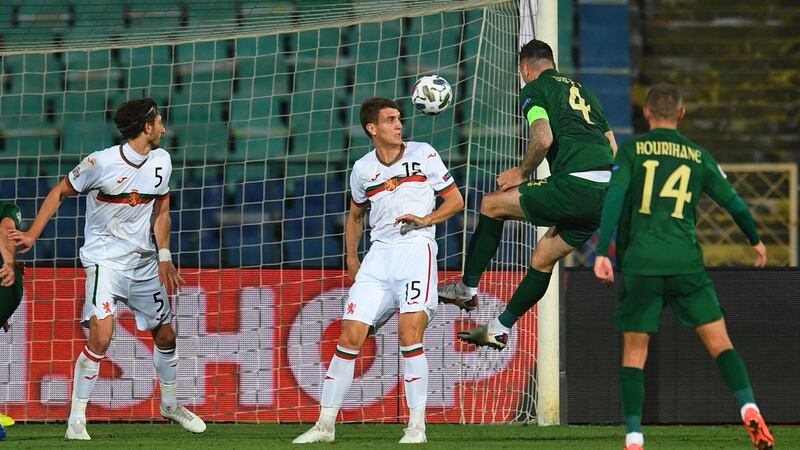 Shane Duffy heads home Ireland’s equaliser against Bulgaria in Sofia. Photograph: Vassil Donev/EPA