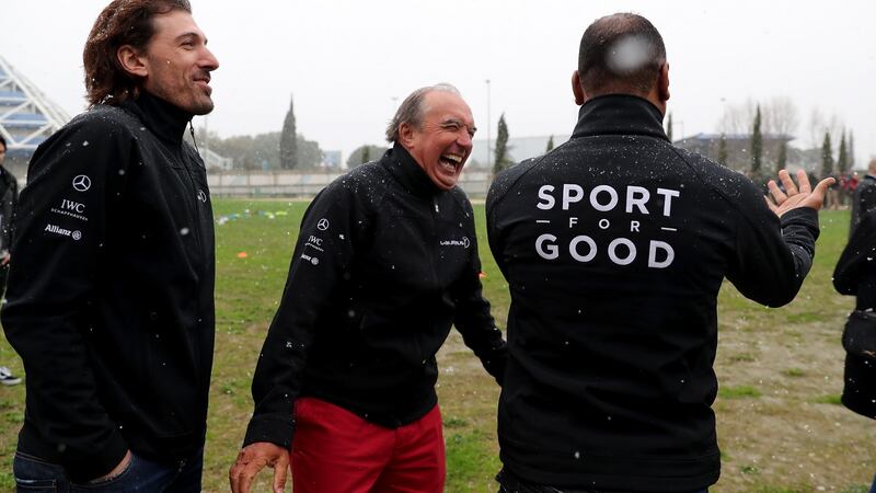 Laureus Academy Member Cafu and Hugo Porta  during the Sport for Good Play International Project Visit at Allianz Riviera Stadium on February 26th, 2018, in Nice, France. Photograph: Boris Streubel/Getty Images for Laureus