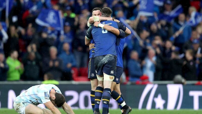 James Ryan and Jonathan Sexton celebrate the win at the final whistle. Photograph: Billy Stickland/Inpho