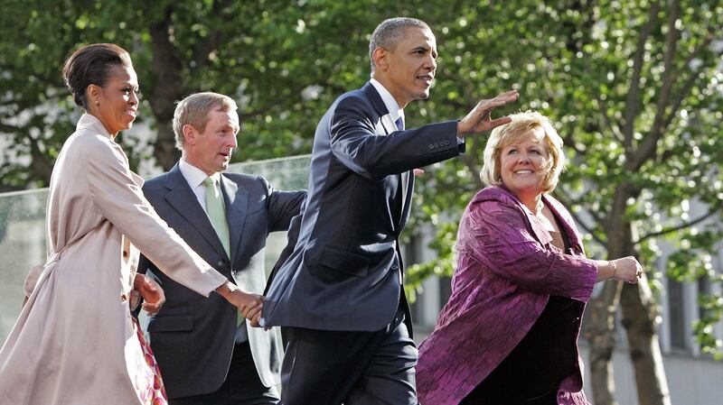 Former US first lady Michelle Obama, Taoiseach Enda Kenny,  former US president Barack Obama and  Fionnuala Kenny at College Green, Dublin, in 2011. Photograph: Eric Luke