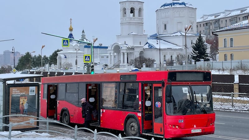 Kazan-bus-church: A bus in Kazan, on the Volga river in Russia, passes by the city’s Church of Saint Paraskeva Pyatnitsa. Photograph: Dan McLaughlin