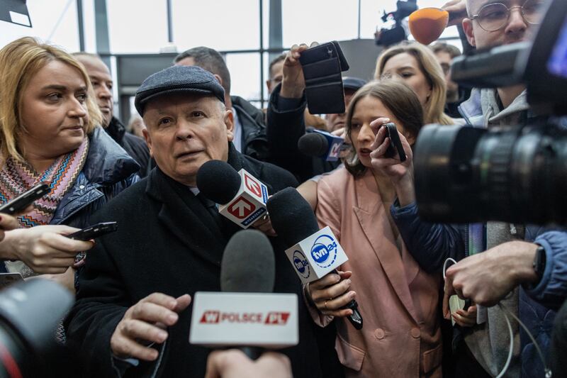 Jaroslaw Kaczynski, leader of the Polish Law and Justice (PiS) party, enters the headquarters of Polish Public TV in Warsaw, generally deemed a propaganda outlet for his party. Photograph: Wojtek Radwanski/AFP