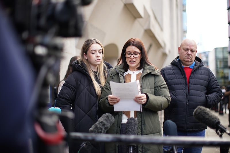 The family of four boys who were killed in a fire in a locked terraced house in Sutton, (left to right) Casey Hoath, step-grandmother Kerrie Hoath, and grandfather Jason Hoath, speaking outside the Old Bailey, London.  Photograph: James Manning/PA Wire
