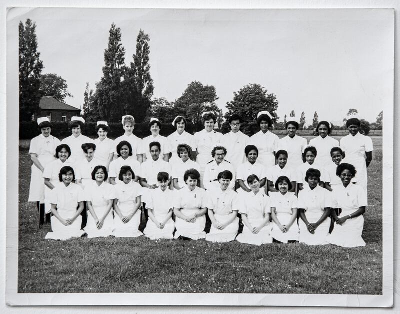 Bernie Naughton (second from left in the back row) with the class of 1965 at Joyce Green Hospital in England.