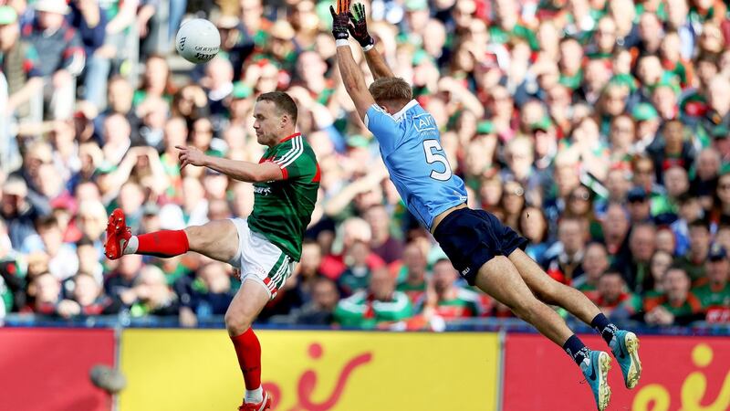 Mayo had Dublin really stretched in the first half and could also have really troubled them by running with the support runner there to flick a handy score over the bar. Photograph: Tommy Dickson/Inpho