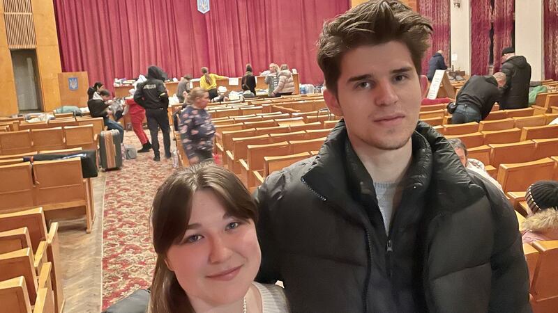 Victoria Krevets and Marko Basarab, volunteer co-ordinators helping displaced people at a district council building in Lviv. Photograph: Daniel McLaughlin