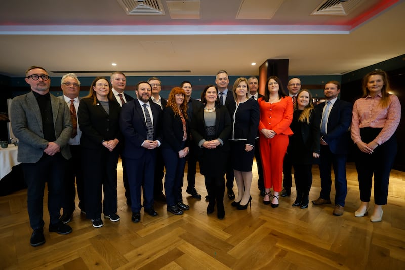 Mary Lou McDonald photographed with the Sinn Féin front bench team. Photograph: Nick Bradshaw / The Irish Times
