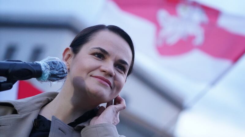 Belarusian opposition leader Svetlana Tikhanovskaya speaks to supporters at the Brandenburg Gate in October 2020 in Berlin. Photograph: Sean Gallup/ Getty