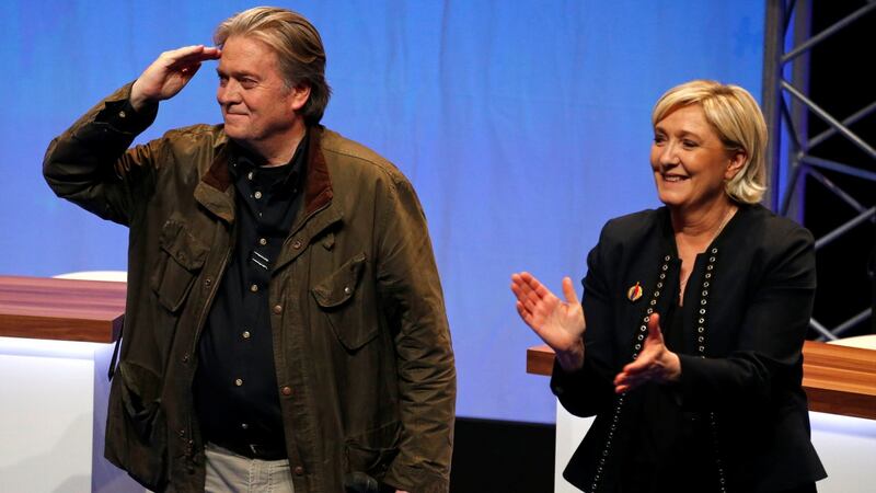 Marine Le Pen, the National Front leader, and former White House strategist Steve Bannon at the party’s convention in Lille, France on Saturday. Photograph: Pascal Rossignol/Reuters.