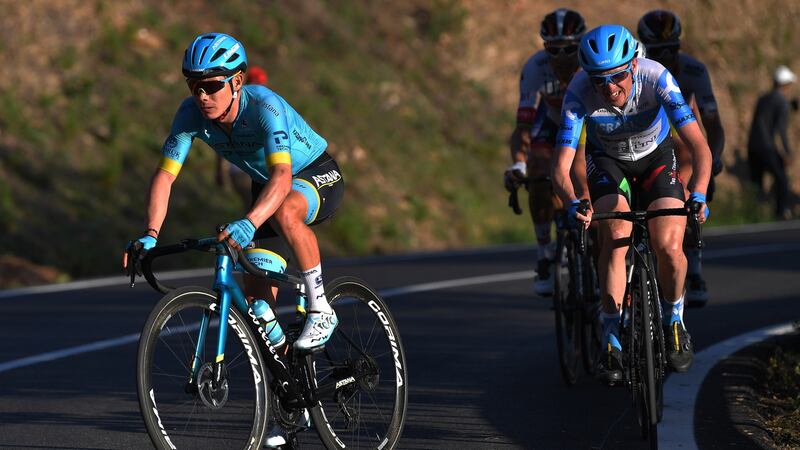 Dan Martin of  Team Israel Start-Up Nation (right) in action during stage four of the Volta ao Algarve 2020 from Albufeira to Alto do Malhão-Loulé. Photograph:  Tim de Waele/Getty Images