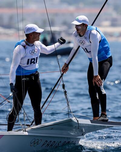 Ireland’s Robert Dickson and Sean Waddilove dejected after the final race in Marseille when a poor start proved so costly. Photograph: David Branigan/Oceansport/Inpho
