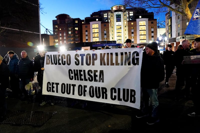 Chelsea fans protest against the clubs ownership outside Stamford Bridge ahead of the Premier League game against Southampton. Photograph: John Walton/PA