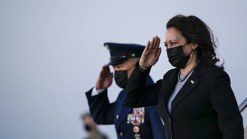 US vice-president Kamala Harris salutes before ascending the steps of Air Force Two, which will fly her to Connecticut to promote the Biden administration's stimulus package. Photograph: Drew Angerer/Getty