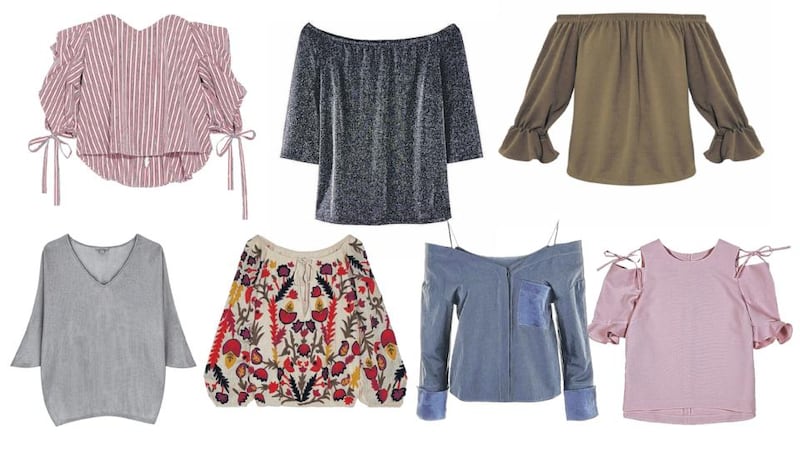 Top row: Caroline Constas corseted gingham top, €485; Simply Be glitter Bardot top, €39; Pretty Little Thing khaki elasticated Bardot top, €14. Bottom row: Cos wide shoulder top, €59; Alice + Olivia embroidered drawstring blouse, €390; Topshop tailored top, €80; Asos crepe top with ruffle tie sleeve, €45