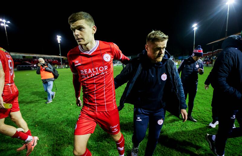 Shels’ Sean Gannon with head coach Damien Duff after the game. Photograph: Ryan Byrne/Inpho