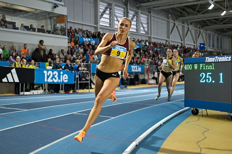 Sharlene Mawdsley of Newport AC on her way to winning the women's 400m final. Photograph: Sam Barnes/Sportsfile