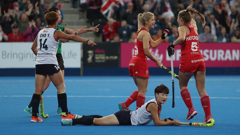 Sophie Bray of England celebrates scoring their first goal during the crossover game  against Korea at the Women’s Hockey World Cup at Lee Valley Hockey and Tennis Centre in London. Photograph: Christopher Lee/Getty Images