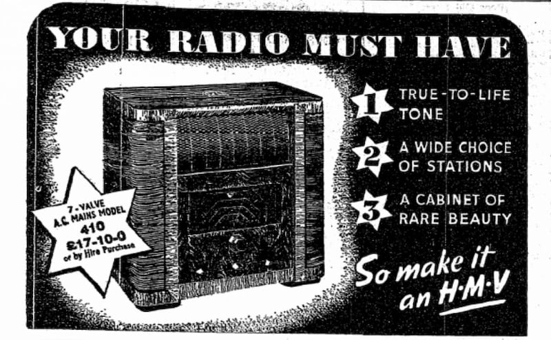 An advertisement by His Master's Voice (HMV) for a radio set with a 'cabinet of rare beauty', which ran in The Irish Times in 1938.