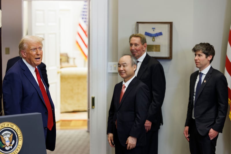 US president Donald Trump with entrepreneurs Masayoshi Son, Larry Ellison and Sam Altman in the Roosevelt Room of the White House on Tuesday. Photograph: Aaron Schwartz/Sipa/Bloomberg