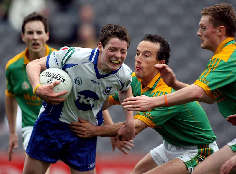 Conor McManus comes under pressure from Meath's Anthony Moyles and Caoimhín King. Photograph: Lorraine O'Sullivan/Inpho