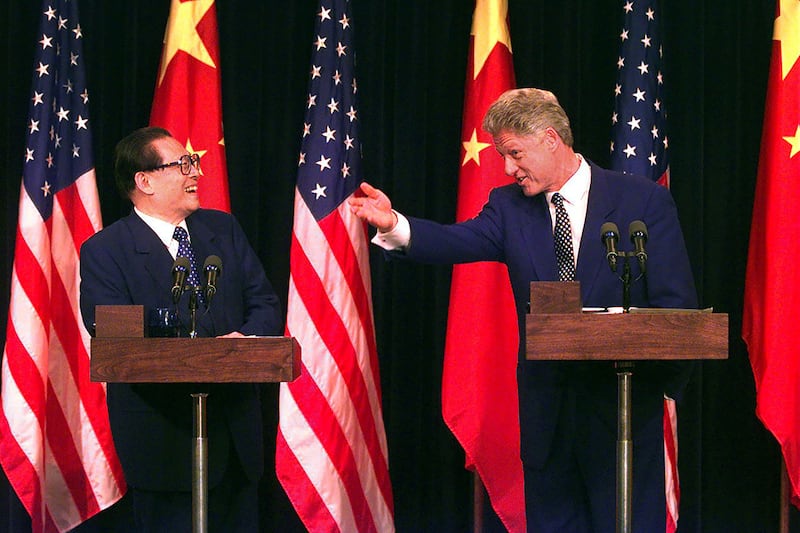 President Jiang Zemin of China, left, shares a laugh with US president Bill Clinton during a joint news conference in Washington on October 29th, 1997. Photograph: Chang W. Lee/The New York Times)