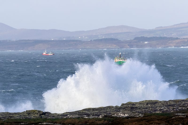 Fishing boats take shelter in Bantry Bay as storm Eowyn brings high winds  to Ireland. Photograph: JOHANNES EISELE/AFP via Getty Images)