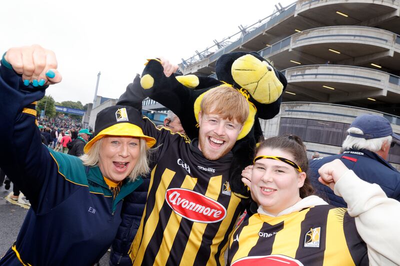 Avid Kilkenny fans Bernie Whelan, Jack Pearce, Emma Walsh from Wexford at Croke Park for the All-Ireland final clash. Photograph: Alan Betson 

