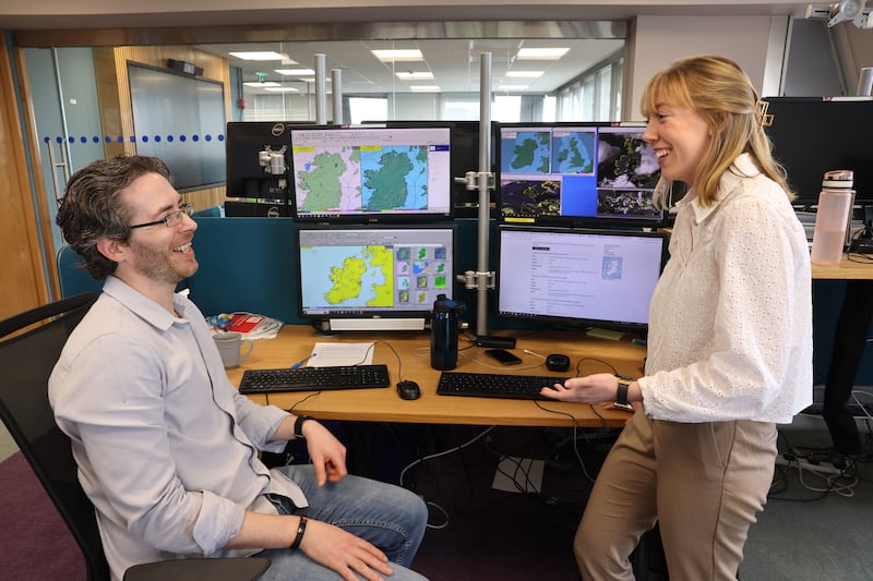 Meteorologists Andrew Doran-Sherlock and Rebecca Cantwell: While forecasting models have improved dramatically, those models are not always correct. Forecasters also use observations and their knowledge of the dynamics of the atmosphere. Photograph: Dara Mac Dónaill