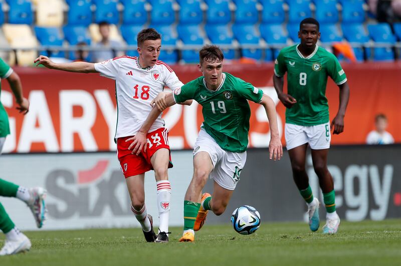 Mason Melia in action for Ireland against Wales in the European Under-17 Championships in 2023. Photograph: Nikola Kristic/Inpho