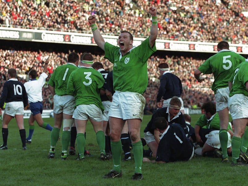 David Corkery celebrates Ireland's penalty try against Scotland in 1998. Photograph:  Patrick Bolger/Inpho