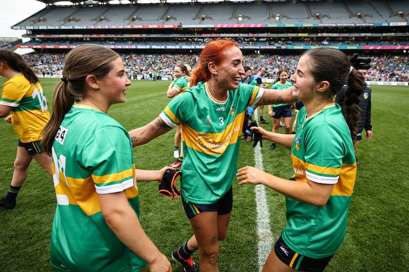 Leitrim's Charlene Tyrell celebrates after the All-Ireland win with team-mates Mollie Murphy and Eimear Quigley. Photograph: Ben Brady/Inpho