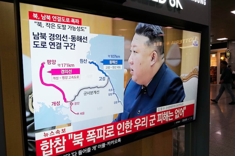 A TV screen at Seoul railway station in South Korea reports on the destruction of the cross-border routes. Photograph: Ahn Young-joon/AP