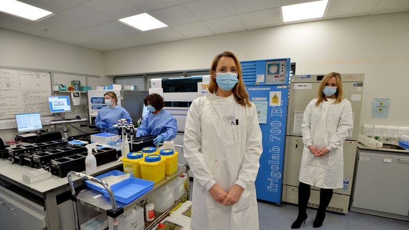 Chief medical scientist Abigail Salmon and consultant microbiologist Dr Sinead McDermott in the covid testing lab in St Vincent’s. Photograph: Alan Betson/The Irish Times