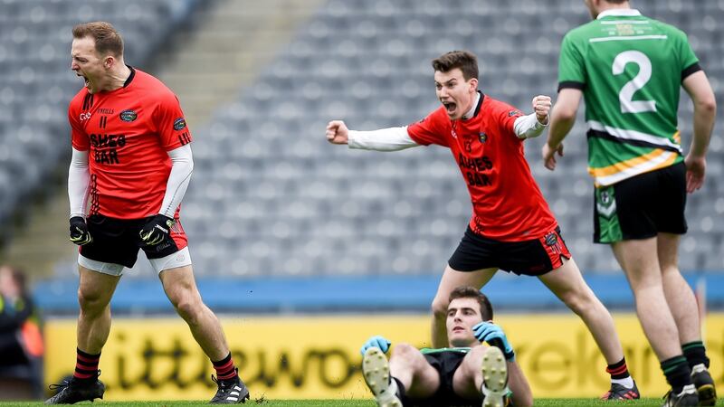 Glenbeigh-Glencar’s Darran O’Sullivan celebrates scoring his side’s first goal at Croke Park. Photograph: Tommy Grealy/Inpho