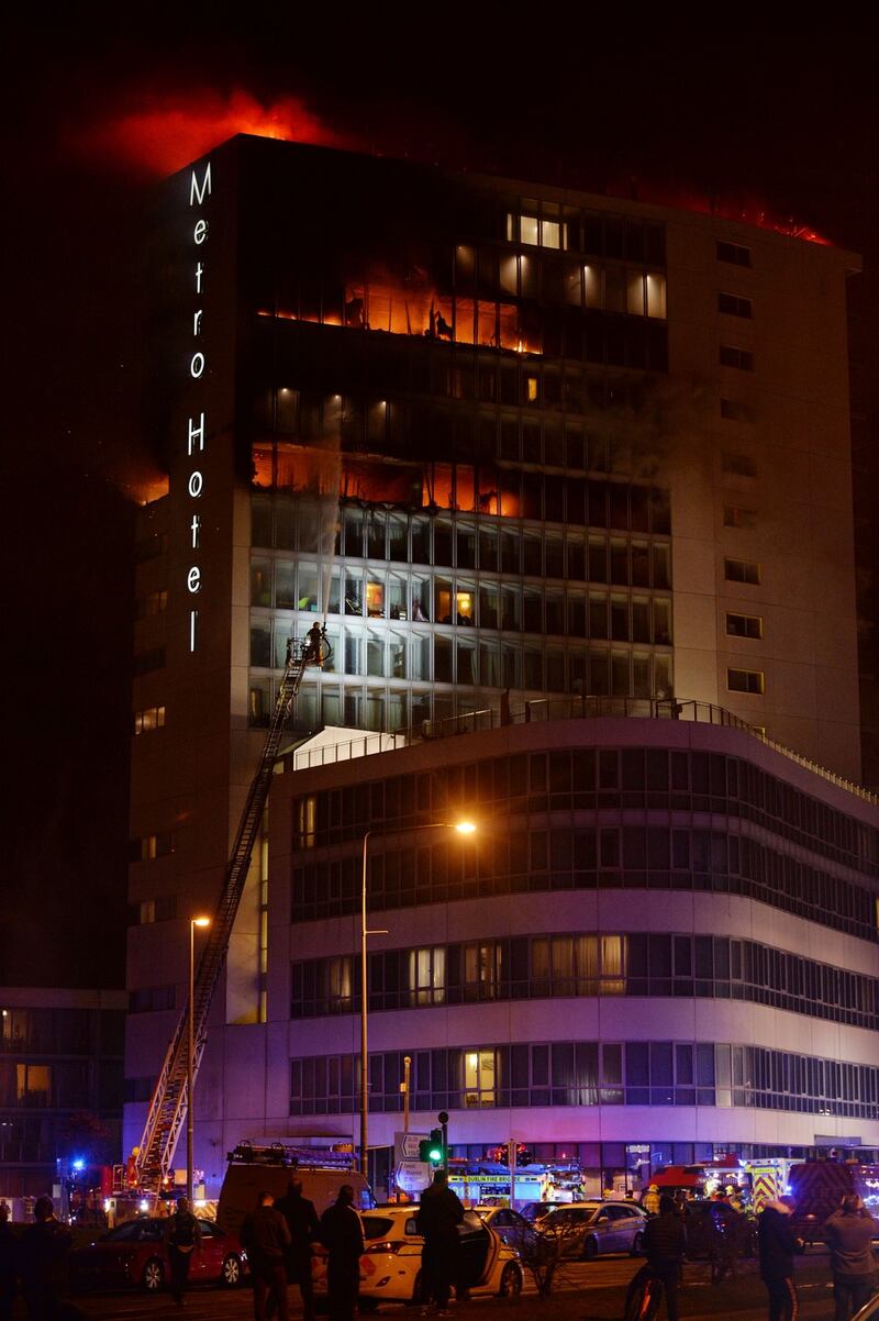 The fire brigade responds to the blaze at the Metro Hotel in Ballymun. Photograph: Alan Betson/The Irish Times