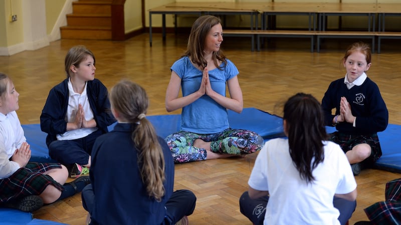 Laura Dowdall with 3rd class during their creative wellbeing class at Mt Anville Primary School, Stillorgan. Photograph: Cyril Byrne