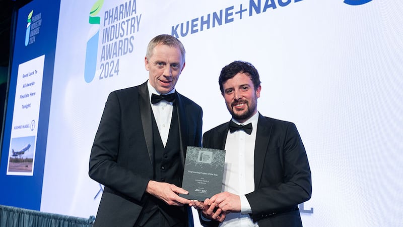 Dermot Browne, sales and commercial manager at BOC Gases Ireland, presents the engineering project of the year to Alex Lynam on behalf of Luminate Medical