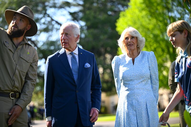 King Charles and Queen Camilla during the ceremonial planting of two snow gum eucalyptus trees, in the garden of Government House in Canberra. Photograph: Victoria Jones/PA Wire