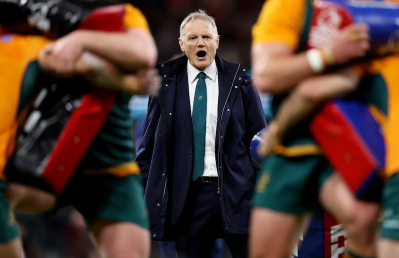 Australia head coach Joe Schmidt watches as players warm up before the match against Wales at the Principality Stadium in Cardiff last Sunday. Photograph: Michael Steele/Getty Images