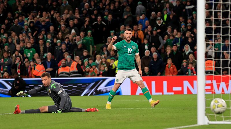 UEFA Nations League Group B1, Aviva Stadium, Dublin 27/9/2022
Republic of Ireland vs Armenia
Ireland’s Scott Hogan shoots past David Yurchenko of Armenia only for his shot to go wide
Mandatory Credit ©INPHO/James Crombie