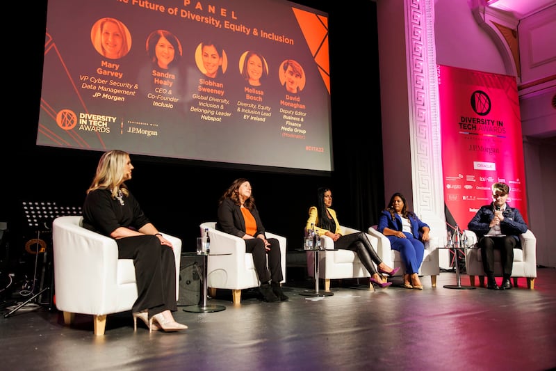 Mary Garvey of JP Morgan, Sandra Healy of Inclusio, Siobhan Sweeney of Hubspot, Melissa Bosch of EY, and David Monaghan of Business & Finance Media Group