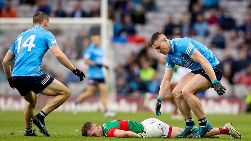 Dublin’s John Small after his challenge on Eoghan McLaughlin of Mayo. Photo: Tommy Dickson/Inpho