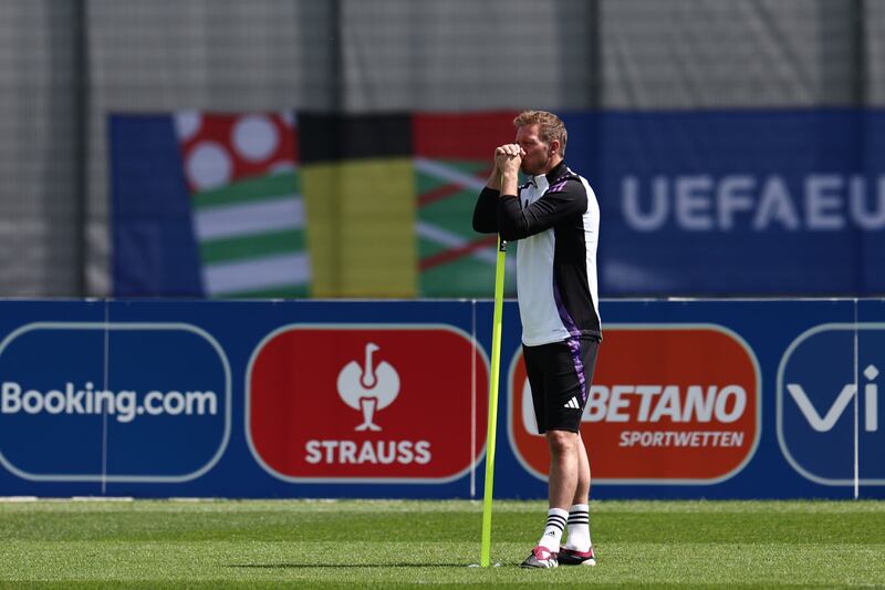 Julian Nagelsmann, head coach of Germany leads a training session at the team's base in Herzogenaurach, Germany. Photograph: Anna Szilagi/EPA/EFE